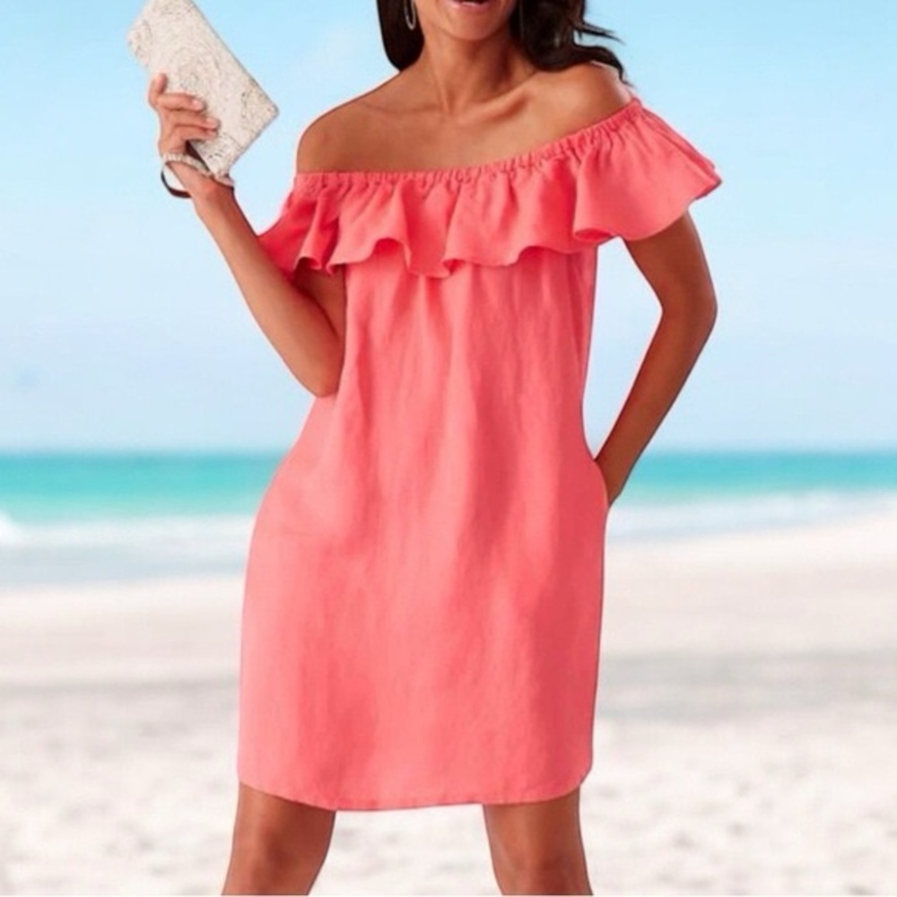 Tommy Bahama St Lucia Linen Blend Off Shoulder Dress Coral XS